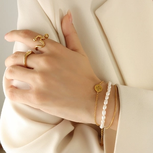 Vintage triple-layer gold titanium bracelet set with freshwater pearls and fortune charm
