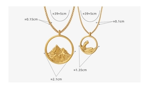Detail of gold mountain and sea relief pendants with dimensions and chain measurements