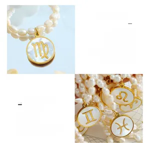 Close-up of 18K gold plated zodiac pendant with shell mosaic and titanium steel detail