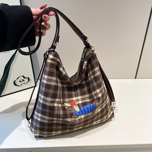 Sac Fourre-tout en Toile à Carreaux Vintage Pour Femmes Broderie Teckel Dessin Animé Sac Bandoulière Hobo Avec Bandoulière