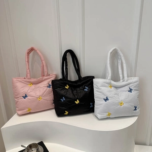 Quilted butterfly embroidery tote bags in pink, black and white colors for women