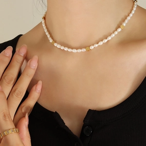 Freshwater Pearl Necklace With Gold Plated Stainless Steel Beads Irregular Oval Baroque Choker French Style For Women