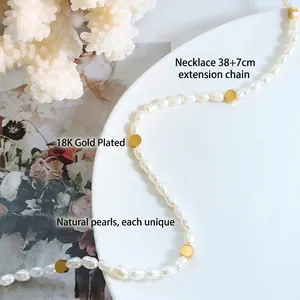 18K gold plated freshwater pearl necklace with golden beads and 38cm chain for women