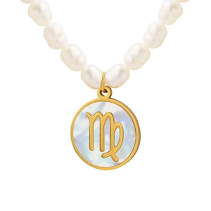 Freshwater pearl necklace with gold Virgo zodiac pendant and shimmering white shell inlay