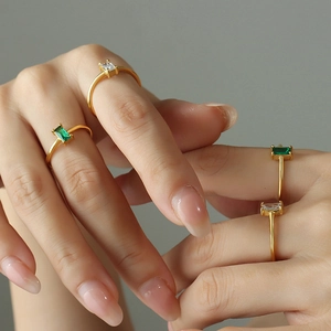 Baguette Zircon Ring Titanium Steel 18K Gold Plated Square Emerald Green White Gemstone Dainty Minimalist Jewelry For Women