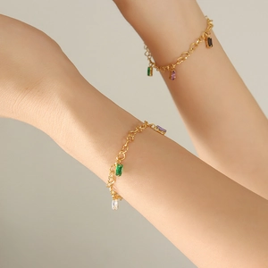 Heart Shaped Link Bracelet Stainless Steel 18K Gold Plated Multicolored Rectangular Zircon Elegant Trendy Jewelry For Women
