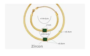 Detail of gold snake chain set with rectangular emerald zircon stones and size measurements