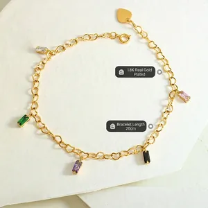 18K gold plated chain bracelet with heart links and colorful rectangular zircons, 20cm