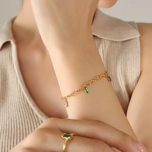 Gold plated titanium steel heart link bracelet with colorful rectangle zircon stones