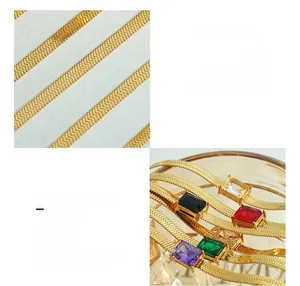 Macro detail of 18K gold plated blade chain necklace with colorful rectangular zircons