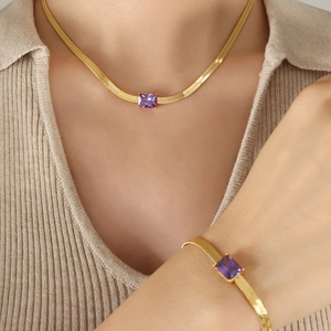 Necklace And Bracelet Titanium Steel 18K Gold Plated Rectangle Zircon Herringbone Chain Vintage Chic Jewelry For Women
