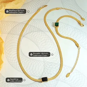 Gold blade chain jewelry set with green and black square zircons, necklace and bracelet