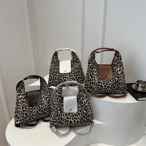 Leopard print large capacity tote backpack with colorful leather flap for women