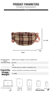 Size chart for pink plaid fanny pack with dimensions 34x16.5x9cm and capacity details