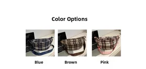 Three checkered waist bags in blue, brown, and pink with metal zippers and nylon straps