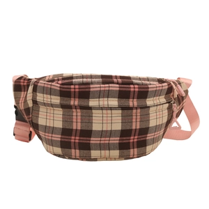 Fashionable plaid waist bag for women with pink nylon strap and unique triangle zipper