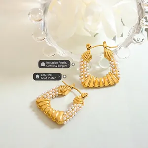 French style 18K gold plated C-shape square earrings with elegant faux pearl trim