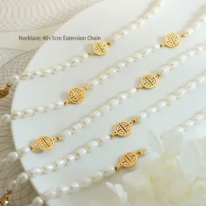 Elegante Süßwasserperlenkette mit goldenem Fu-Anhänger, verstellbare Länge 40+5cm