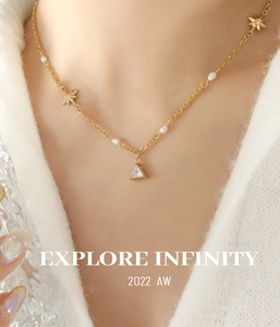 Dettaglio della collana dorata con stelle e perle e ciondolo in zircone triangolare