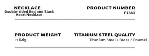 Specifications of reversible red and black heart pendant necklace in titanium and brass