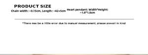 Detailed size chart for heart pendant necklace showing chain length 42+5cm and 1.8cm pendant
