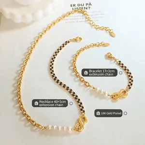 18K gold plated necklace and bracelet set with freshwater pearls and zircon Cuban links