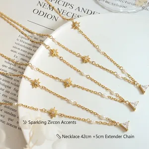 Collana con pendente stella e perla, catena d'oro con zircone, estensione 42+5cm