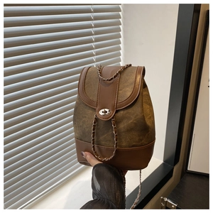 Close-up of brown canvas crossbody bag with chain strap and metallic twist lock