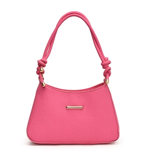 Pink underarm bag with V-shaped woven texture and golden hardware accents