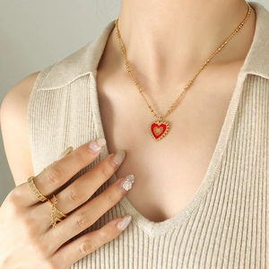 Double Sided Heart Pendant Necklace Titanium Steel Enamel Oil Drop Sunburst Pattern Elegant Jewelry For Women