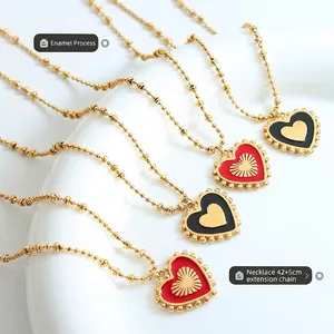 Double-sided red and black heart pendant necklace with gold bead chain and 42+5cm length