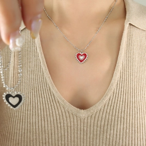 French style double-sided red heart pendant on stainless steel chain for women