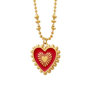 French vintage gold bead necklace featuring a reversible red heart pendant in titanium steel