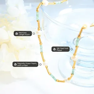 Collier style français plaqué or 18K avec perles d'eau douce et aventurine verte 42cm