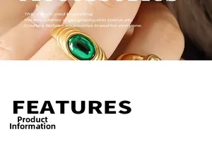 Detail of wide gold plated ring with ribbed texture and oval emerald green gemstone