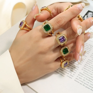 Vintage Titanstahl Quadratischer Glasstein Zirkonia Ring Für Damen 18K Vergoldet Gedrehtes Kabel Band Modeschmuck Ring