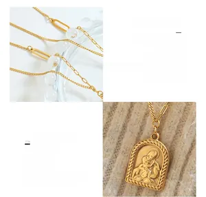 Vue détaillée du pendentif Vierge Marie plaqué or 18 carats sur chaîne en acier titane pur