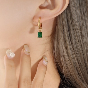Elegant gold hoop earrings with rectangular emerald green zircon stones for women