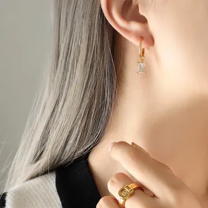Gold plated hoop earrings with rectangular zircon pendants and matching belt ring set