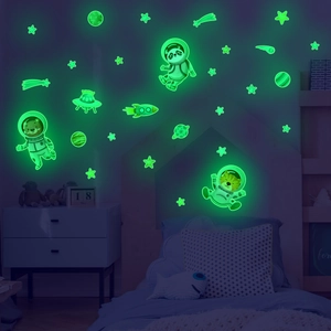 Stickers muraux planètes animaux lumineux avec ours et étoiles brillants pour enfant
