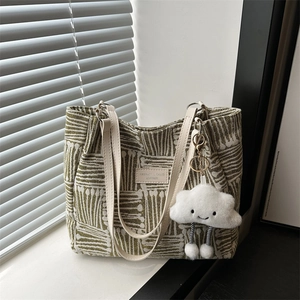Women's Canvas PU Leather Tote Bag Geometric Stripe Pattern Large Capacity Shoulder Bag With Plush Cloud Pendant