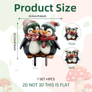 Christmas penguin garden stake decor with Santa hats and scarves for holiday yard art