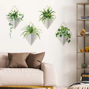 Set of 4 modern 3D green potted plant wall stickers in geometric pots for living room decor