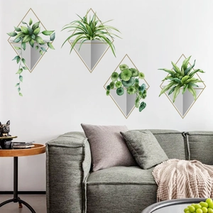 Modern potted green plants wall stickers with geometric frames for living room decor
