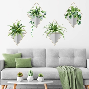 Green Plant Potted Wall Stickers PVC Geometric Diamond Frame Watercolor Style Home Decor Living Room Bedroom Self Adhesive