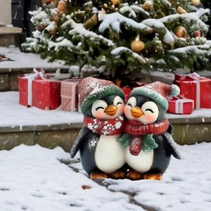 Detail of Christmas penguin couple figurines with colorful scarves and holiday hats