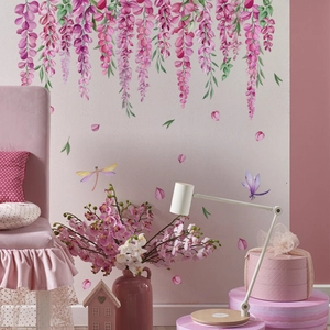 Floral wall sticker set with purple wisteria vines and dragonflies for home decoration