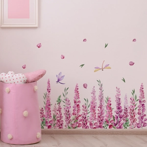 Watercolor floral wall decal with purple lupine flowers and dragonflies for home decor