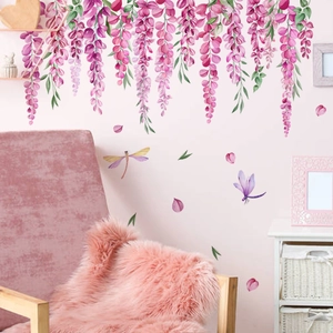 Pink wisteria flower wall decals with dragonflies for living room wall decoration