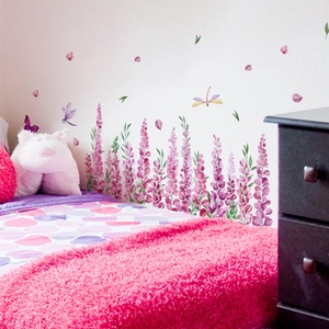 Floral purple lavender wall stickers with butterflies for bedroom wall decoration